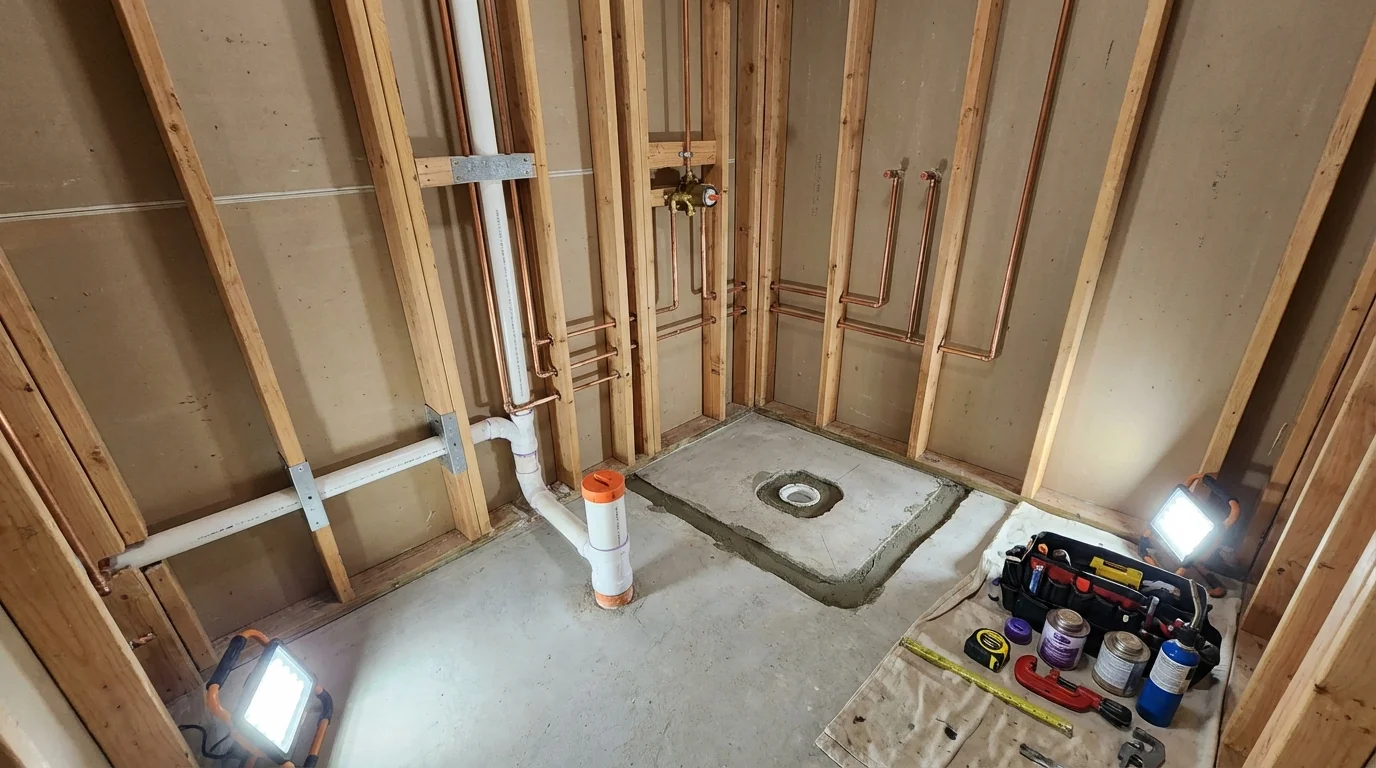 Bathroom rough-in plumbing during remodel by Johns Plumbing LLC in Sabana Hoyos