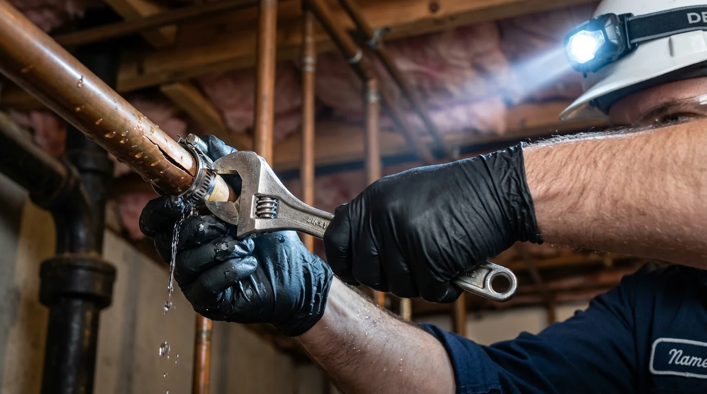 Emergency pipe clamp repair being performed by a Johns Plumbing LLC plumber in Sabana Hoyos