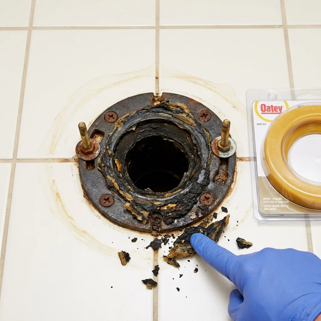 Failed wax ring showing water seepage at the base of a toilet in a Sabana Hoyos, PR home