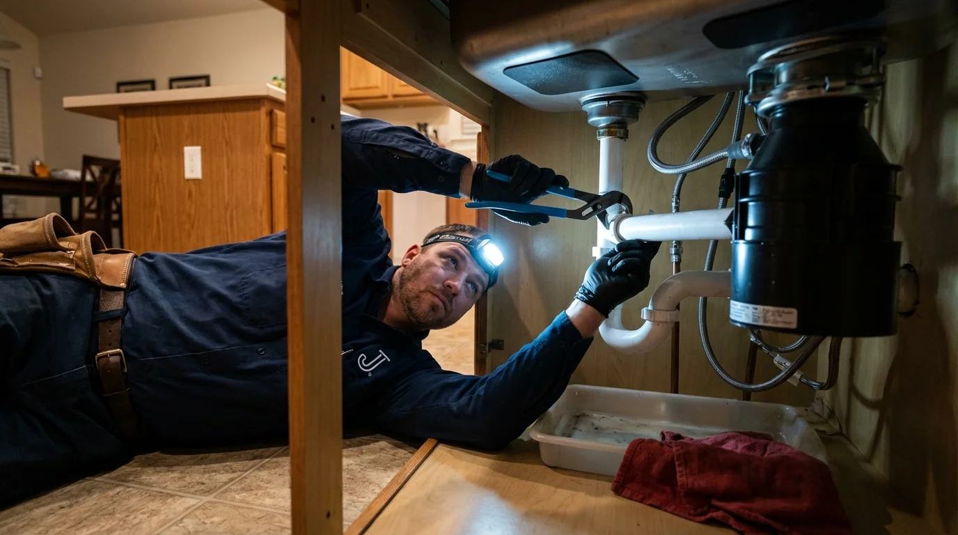 P-trap and supply line connections under a kitchen sink showing a common leak point in Sabana Hoyos, PR